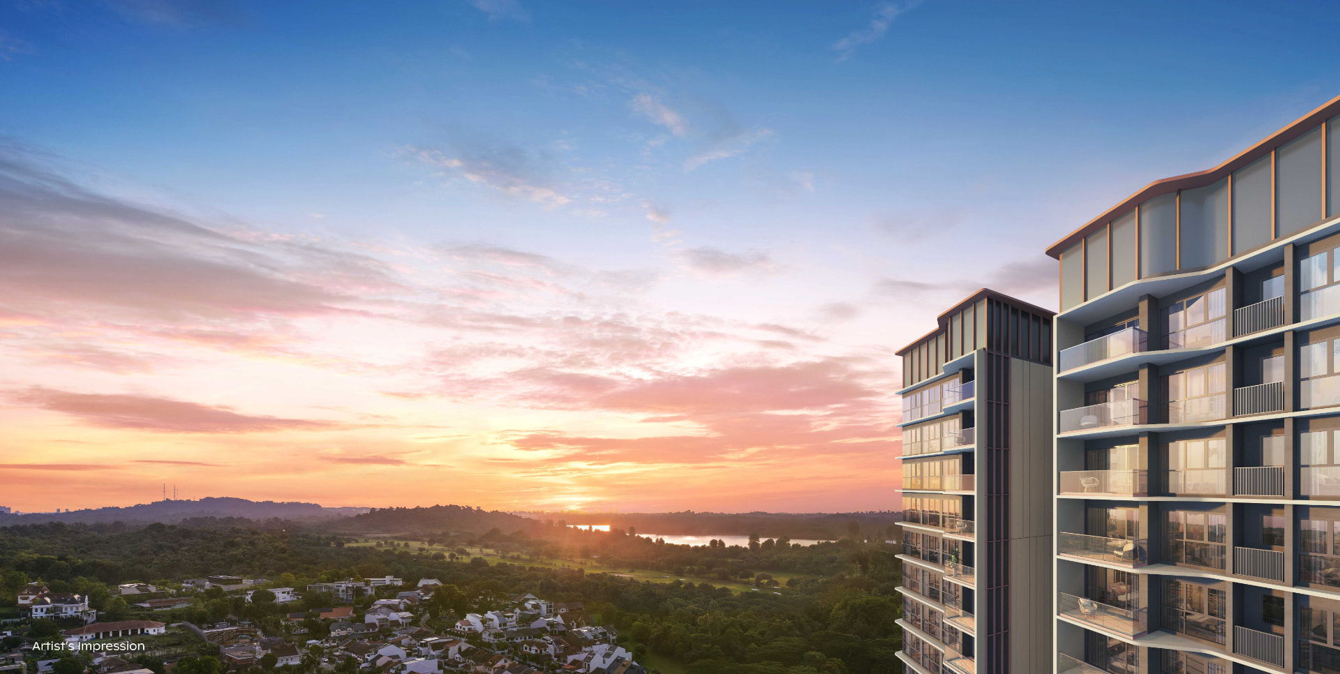 Sunset view out from a Thomson Reserve apartment over greenery and landed homes