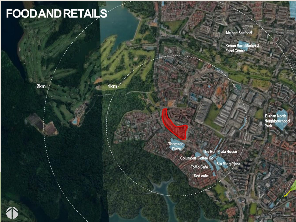 Food and retail map showing Thomson Plaza and nearby Bishan, Ang Mo Kio and Novena neighbourhoods